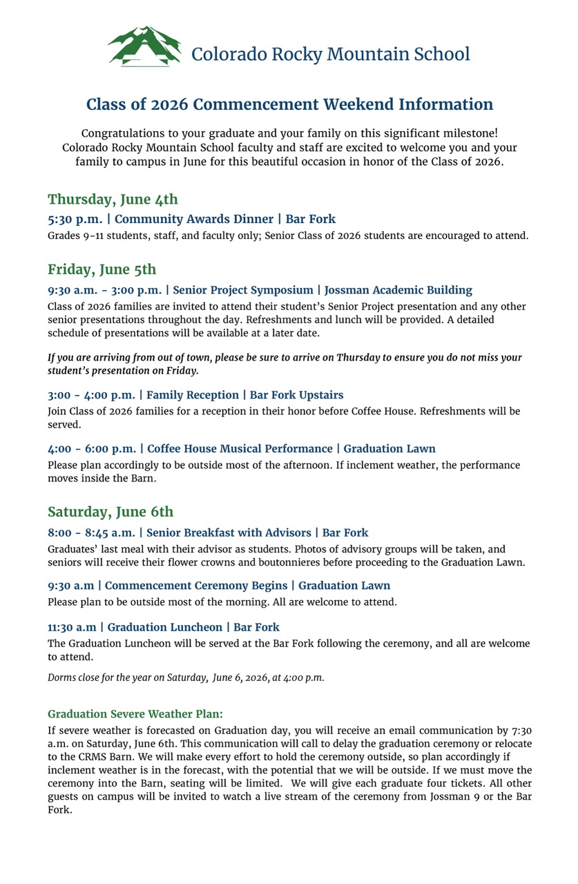 2026 Commencement Weekend Schedule