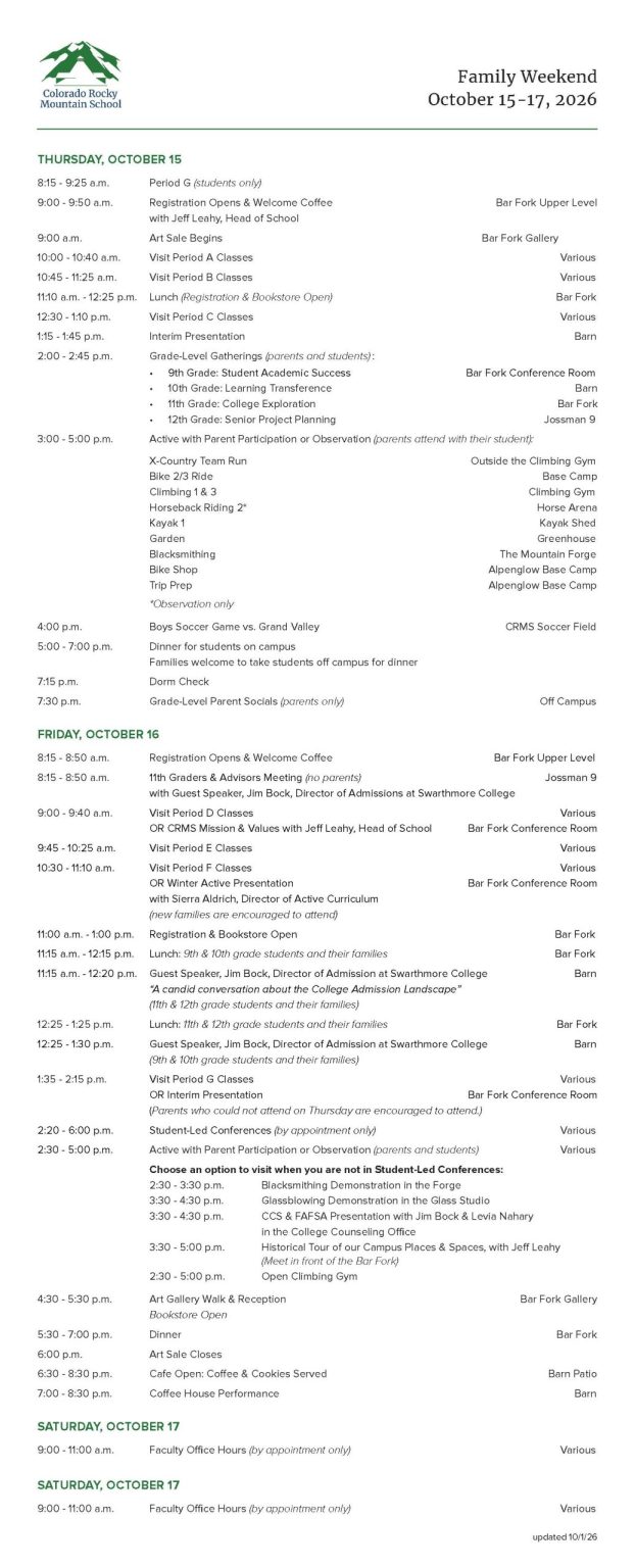 Family Weekend 2026 Schedule